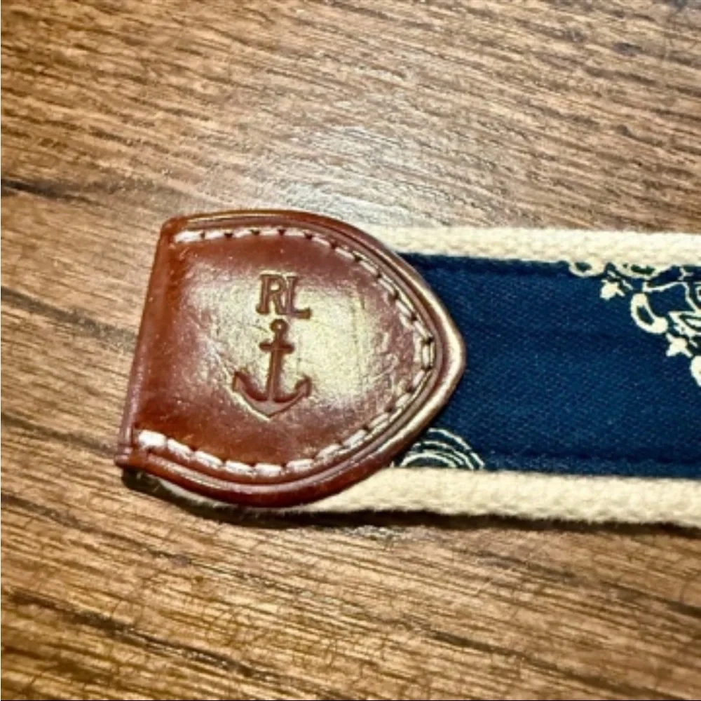 Ralph Lauren Navy Paisley Canvas Belt with Brown Leather and Gold Buckle